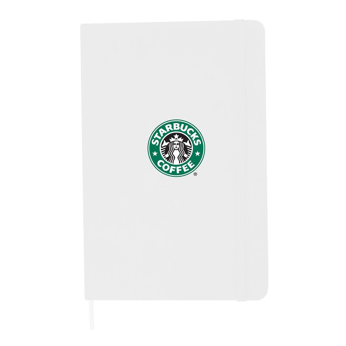 A white A5 notebook featuring a logo on the cover, with a ribbon bookmark attached.