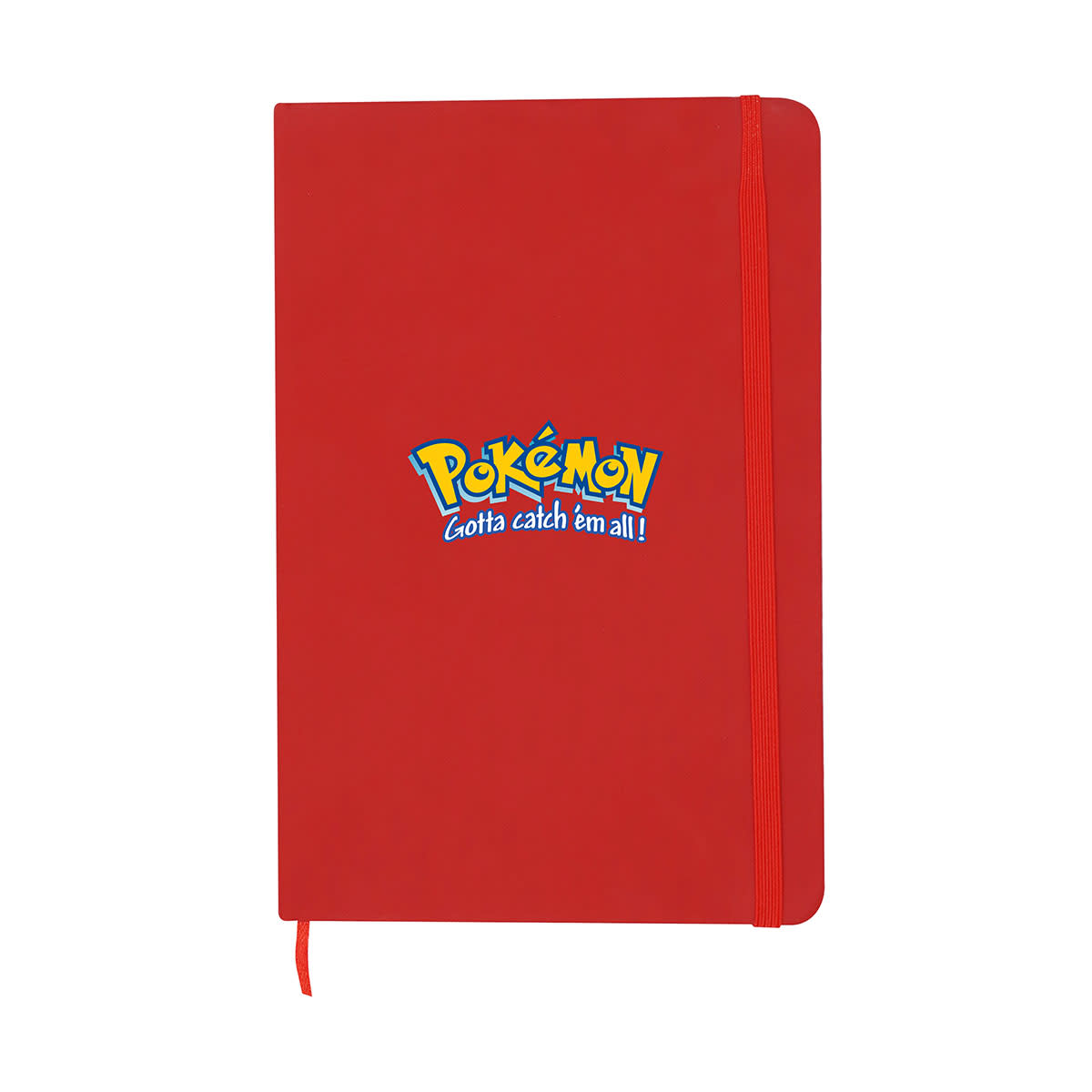A red A5 notebook with a logo on the front and an elastic band closure.