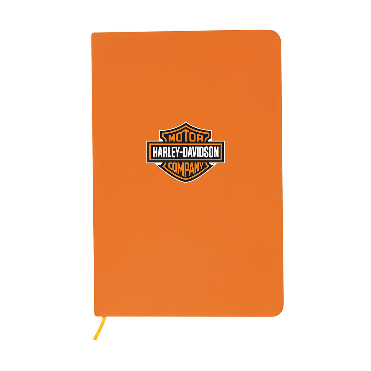An orange A5 notebook featuring a logo on the cover, with a yellow page marker.