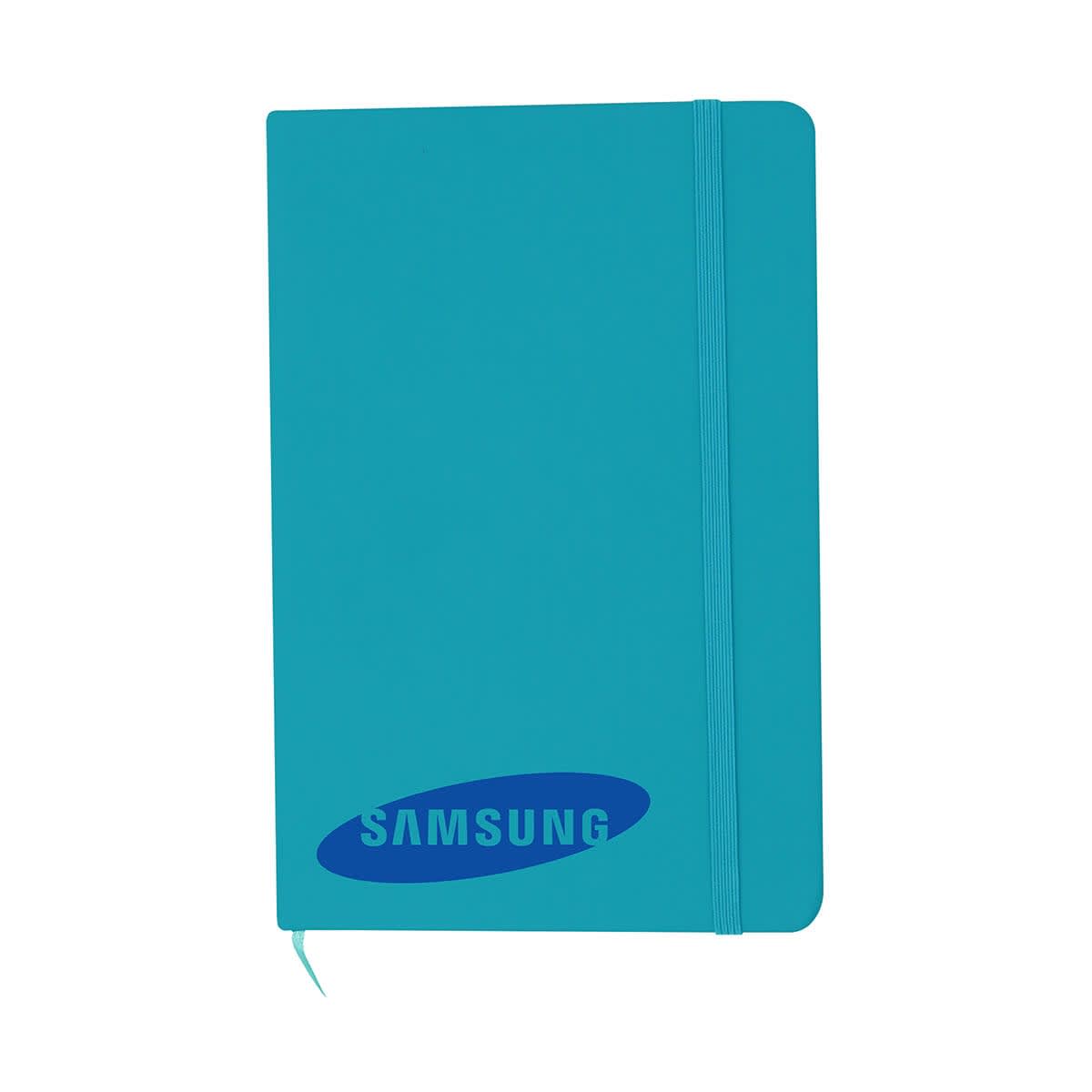 A teal A5 notebook with an elastic band closure and a logo on the cover.
