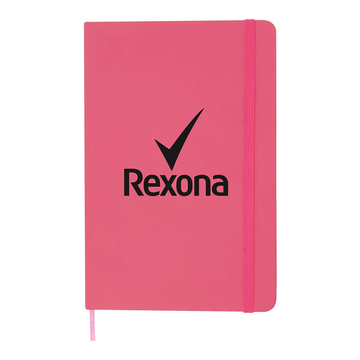 A pink A5 notebook with a logo on the cover and an elastic band closure.