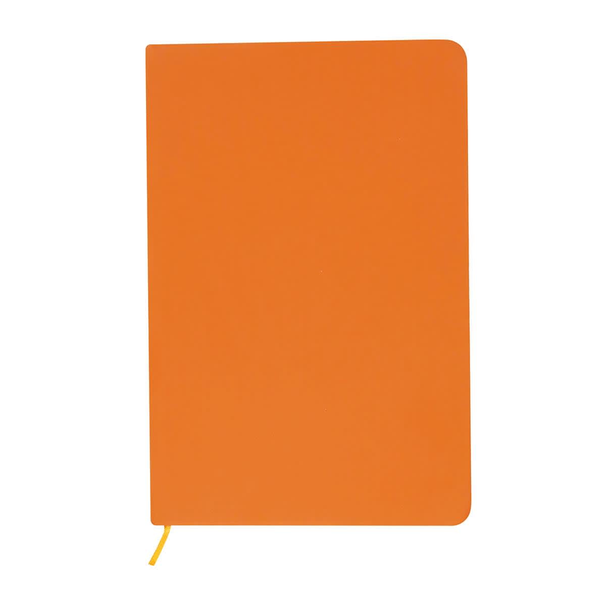 An orange A5 notebook with a smooth cover and a yellow ribbon marker. It features a logo on the cover.