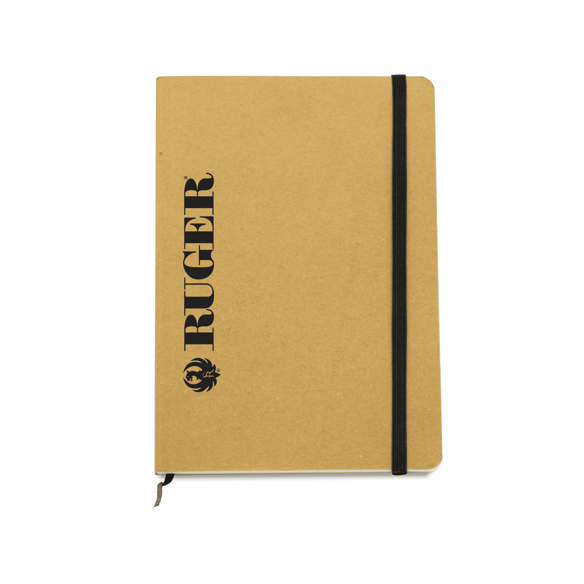 A tan notebook with a black logo and an elastic band closure. It features a textured cover and a zip pocket.