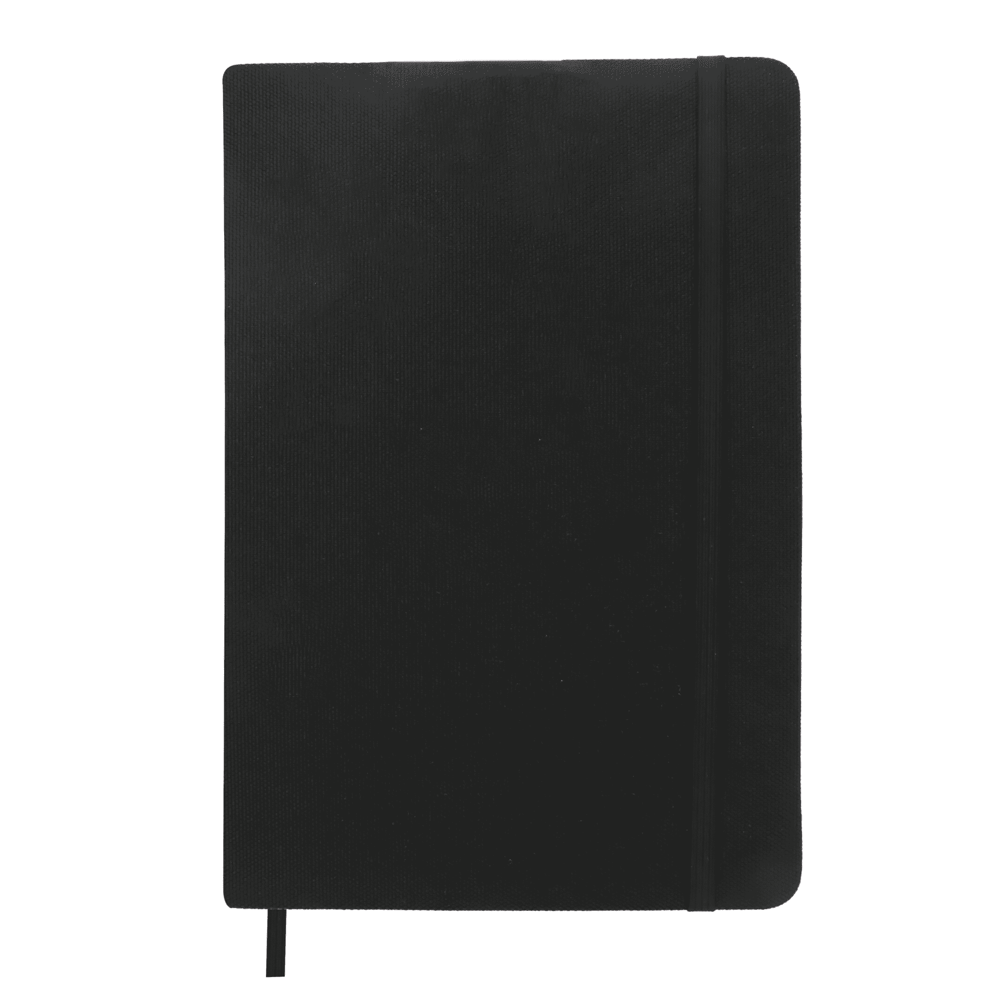 A black A5 notebook with a textured cover, featuring an elastic band and a ribbon marker.
