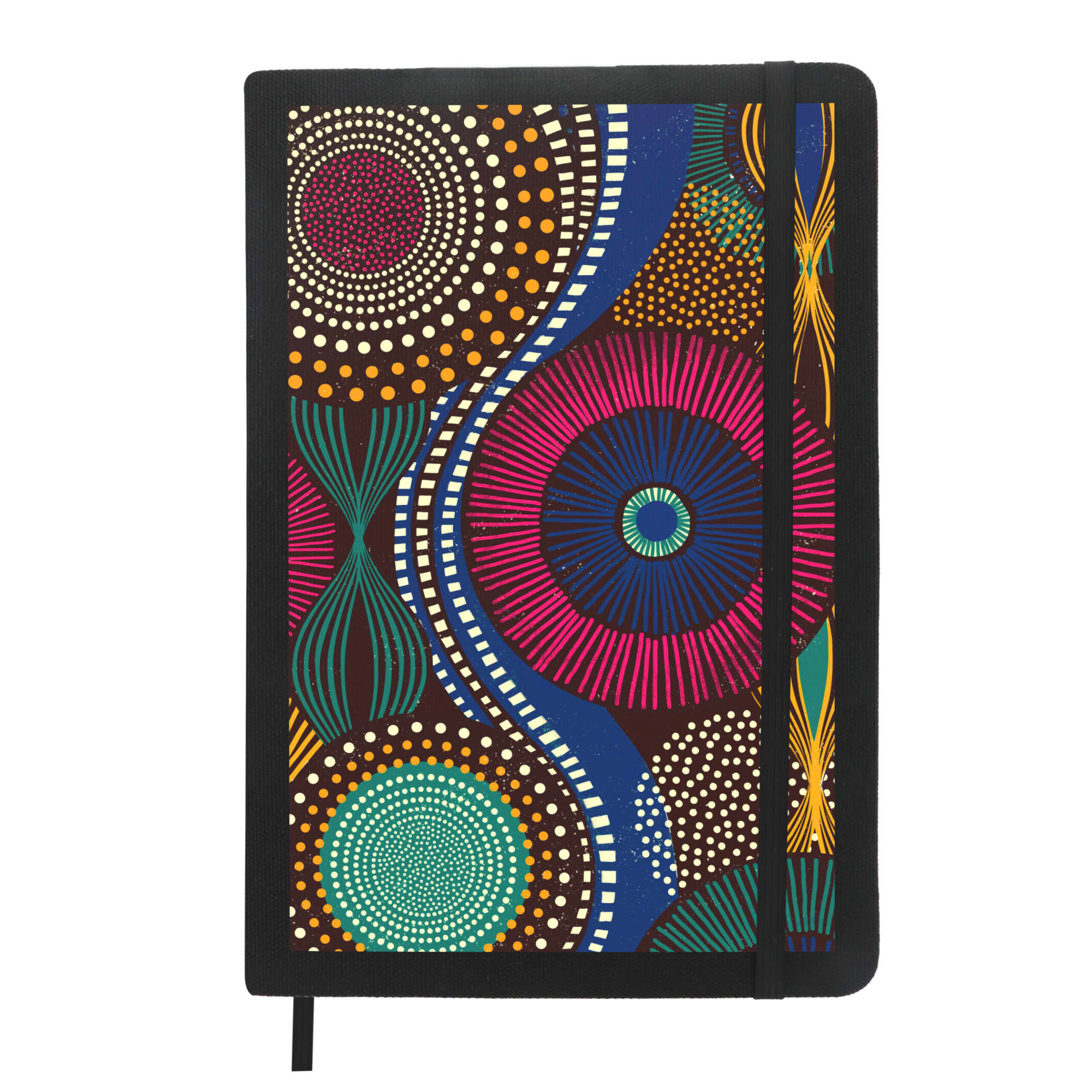 A black A5 notebook featuring a vibrant, circular patterned cover with shades of blue, pink, yellow, and white.