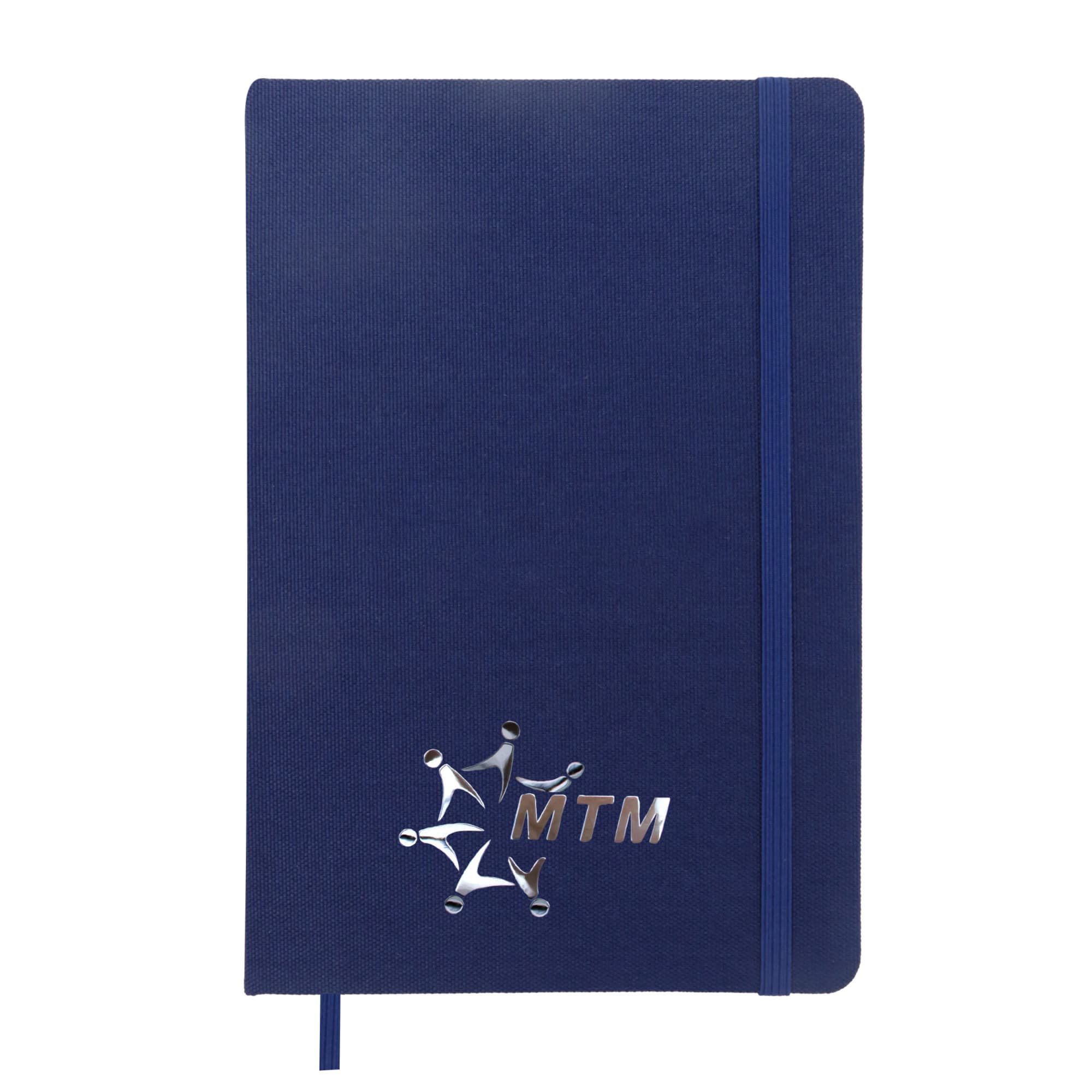A blue A5 notebook with a textured cover and an elastic band, featuring a logo on the front.