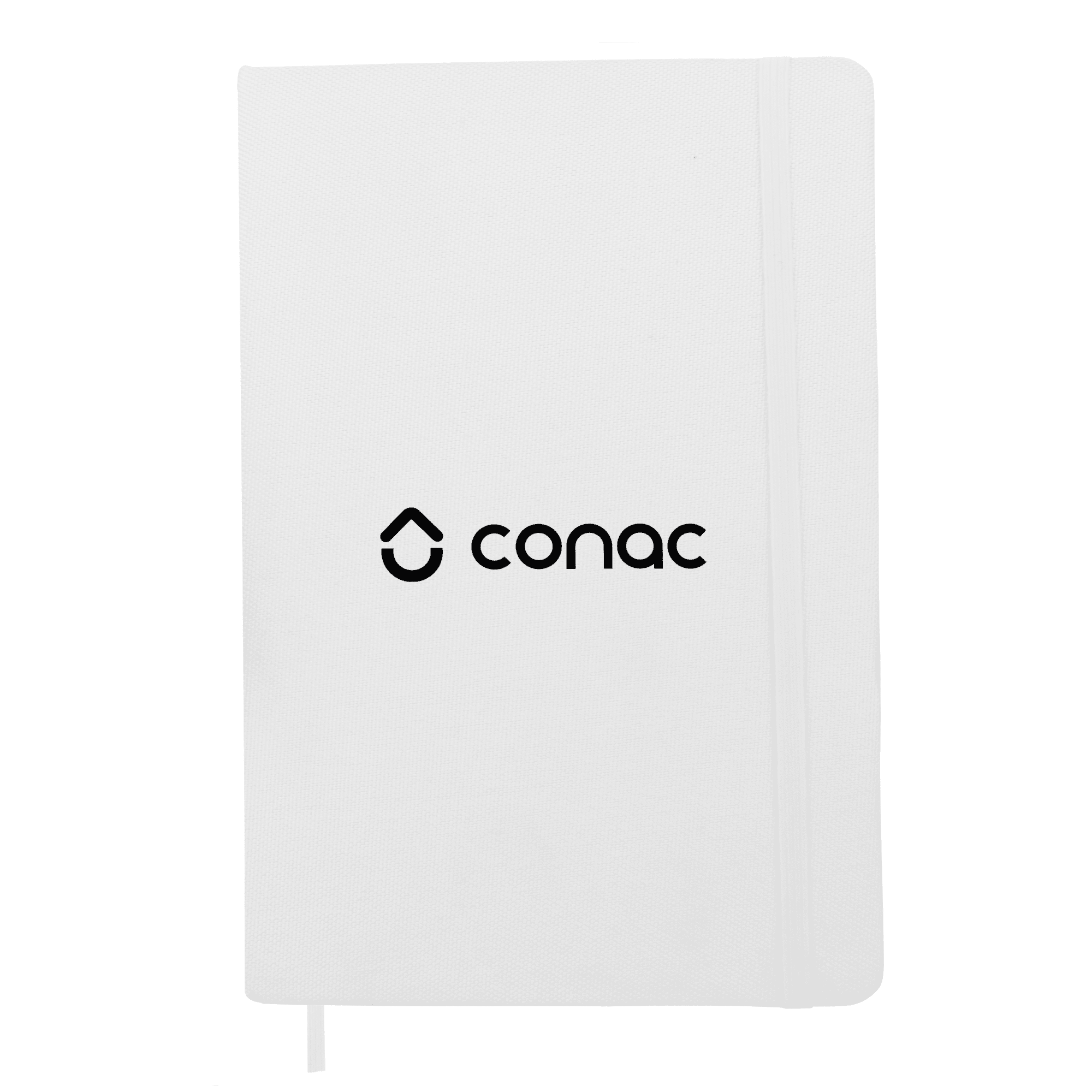 A white notebook with a logo on the cover and a ribbon marker. Suitable for office and business use.