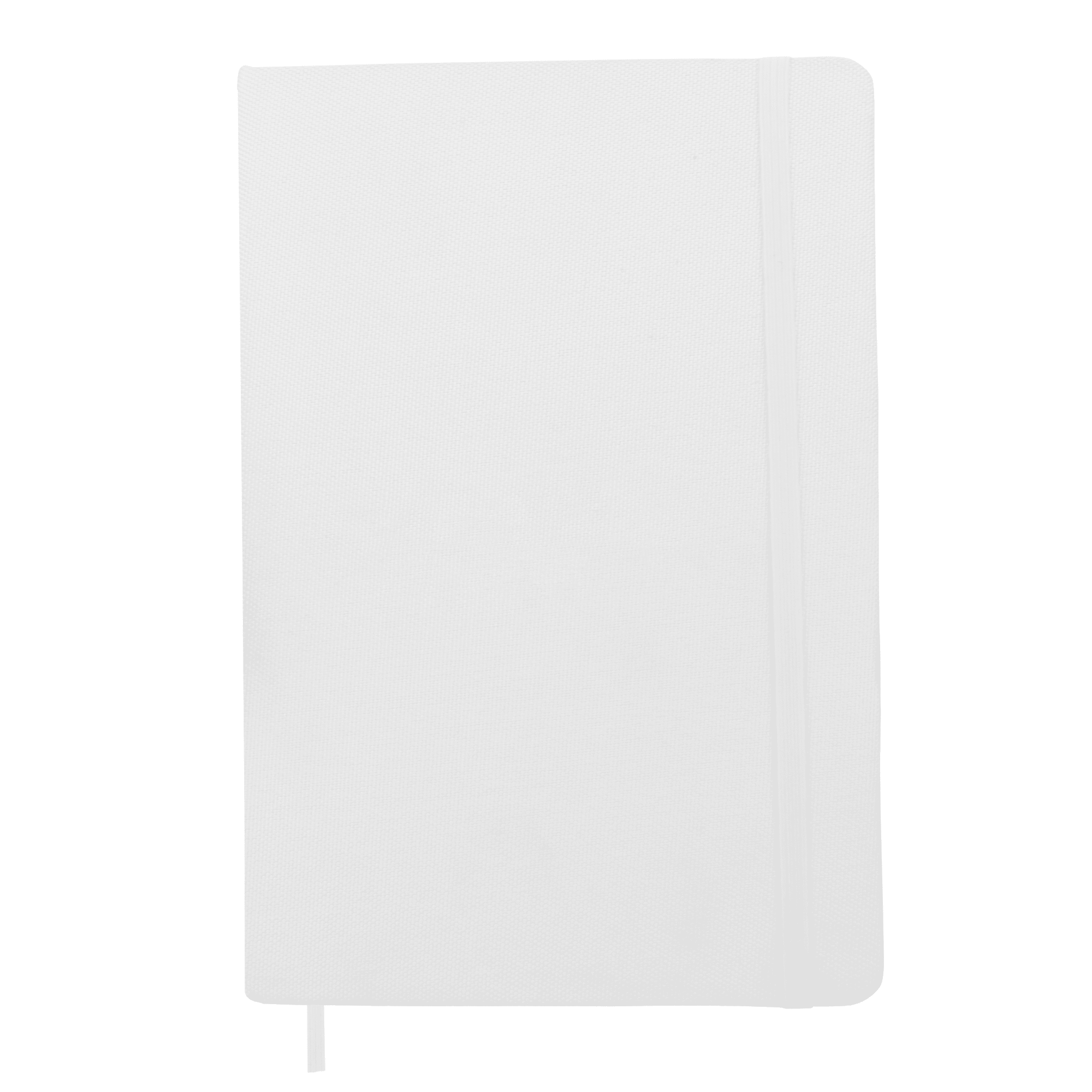 A white A5 notebook with a textured cover, featuring an elastic band and a ribbon marker. It has a logo on the front.
