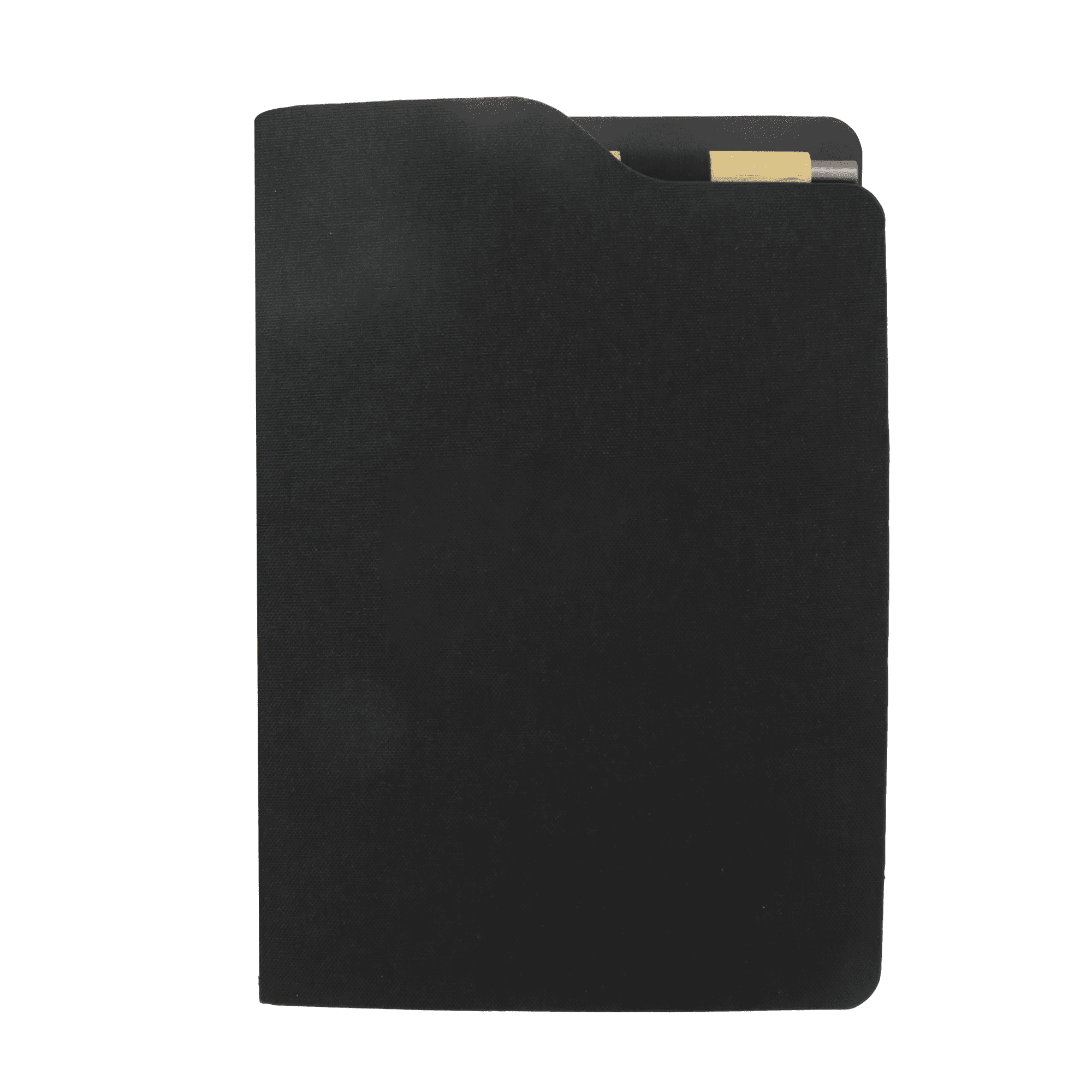 A black A5 notebook with a slim profile, featuring an interior pocket for notes or cards and a logo on the cover.