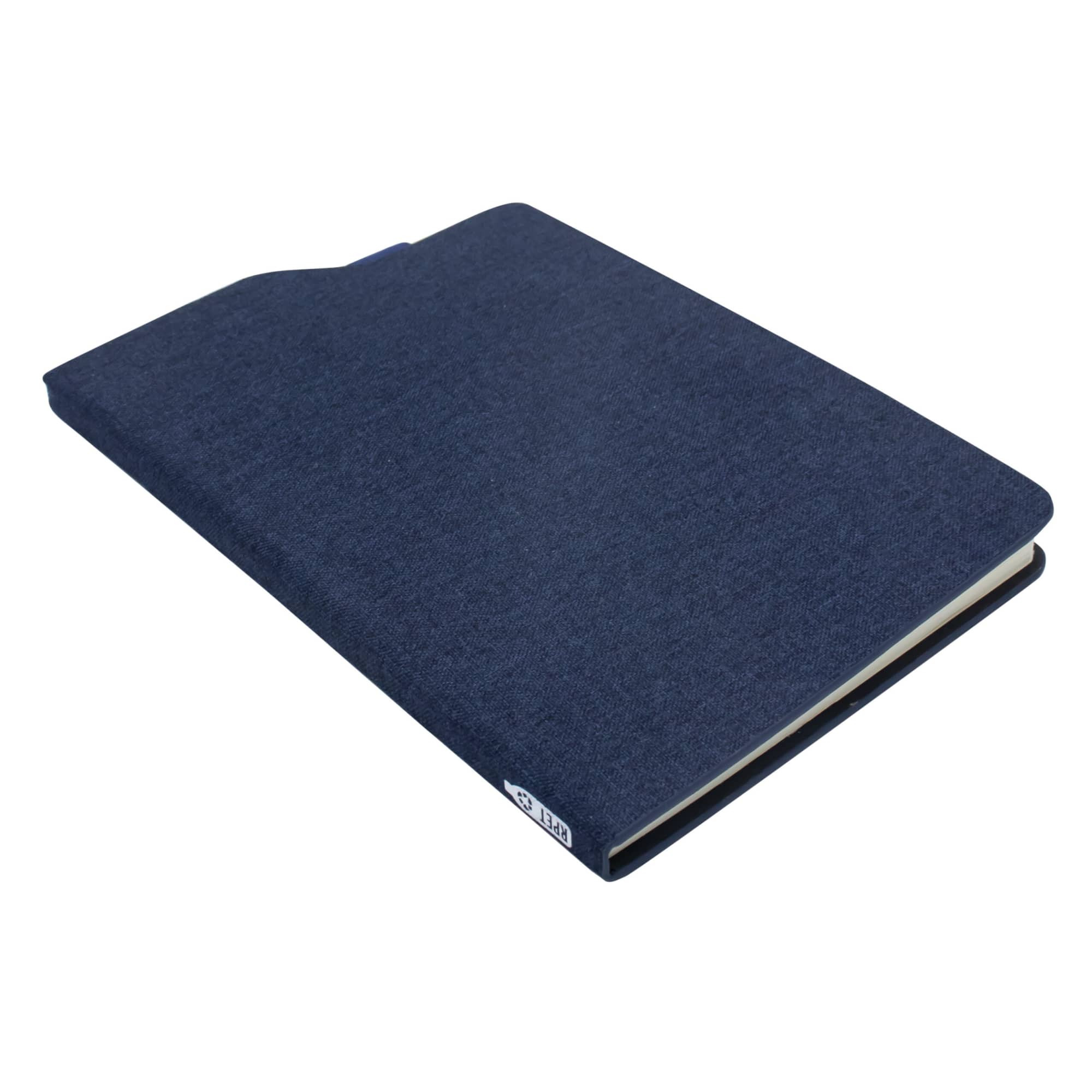 A navy blue A5 notebook with a textured cover and a logo on the side.