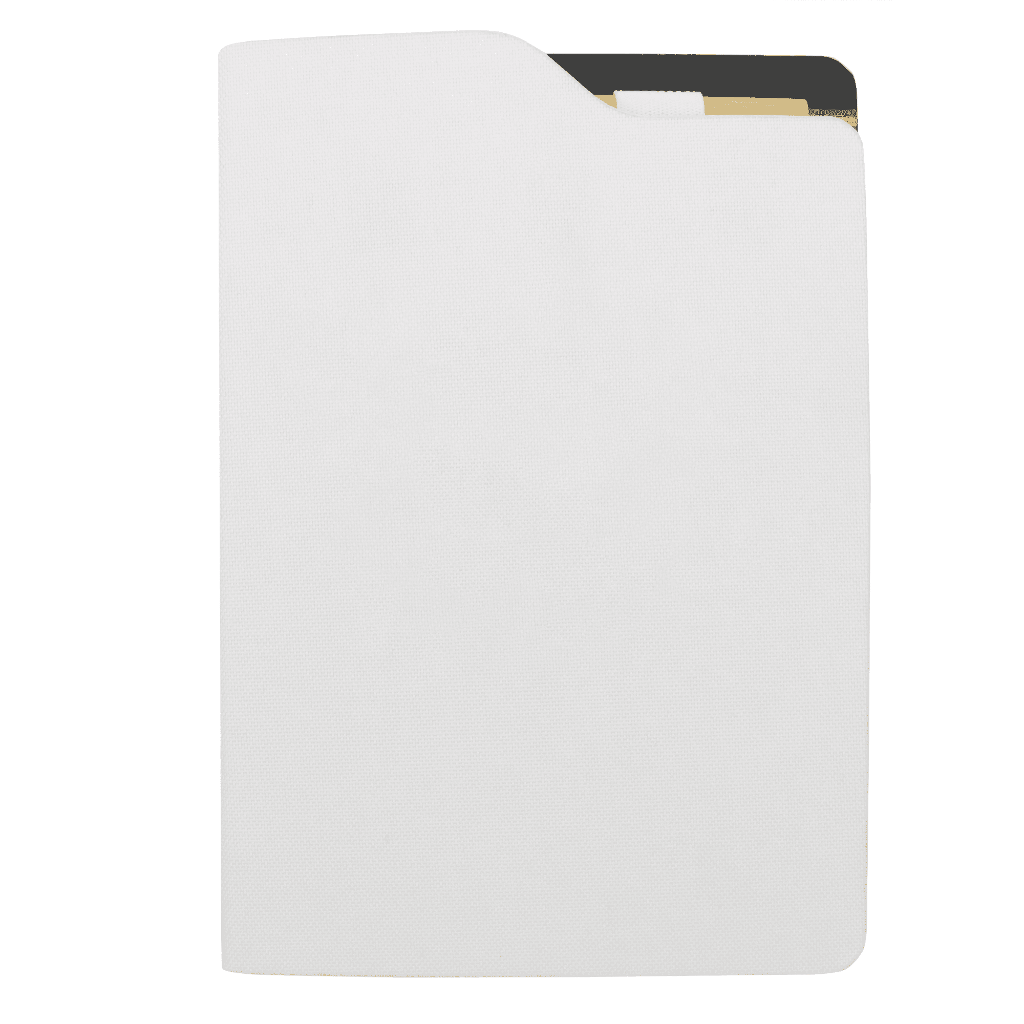 A white A5 notebook with a textured cover, featuring an inside pocket and a logo on the front.