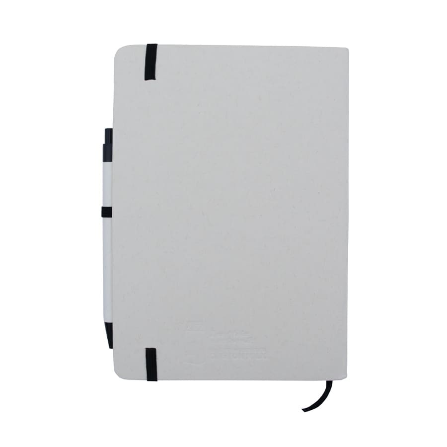 A grey A5 notebook with elastic band closure and a matching pen, featuring a logo on the cover.