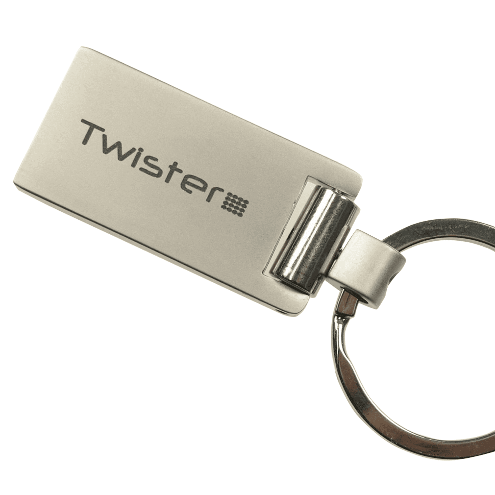 A silver keychain featuring a hinged design and a circular keyring attachment. It has a logo on one side.