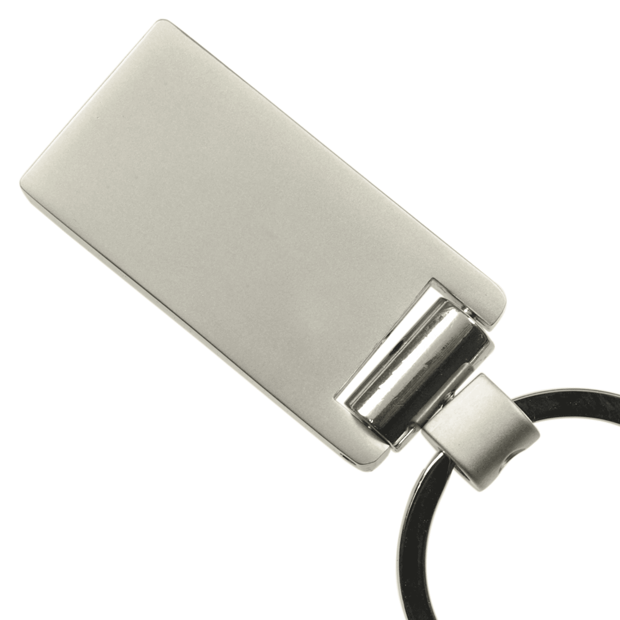 A silver keychain with a rectangular design and a circular keyring attachment. It features a logo.
