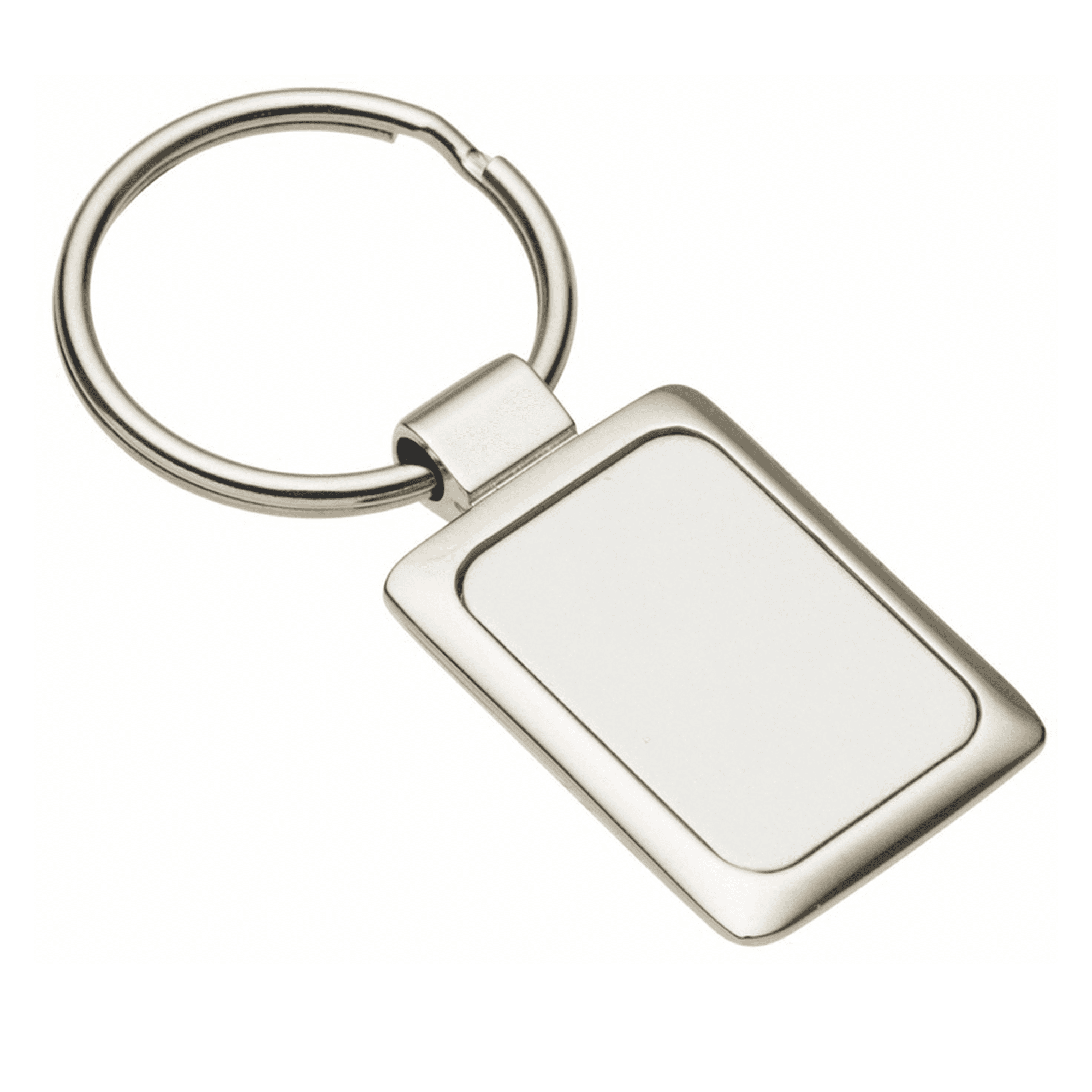 A rectangular silver keychain with a smooth, blank surface and a metal ring attachment.