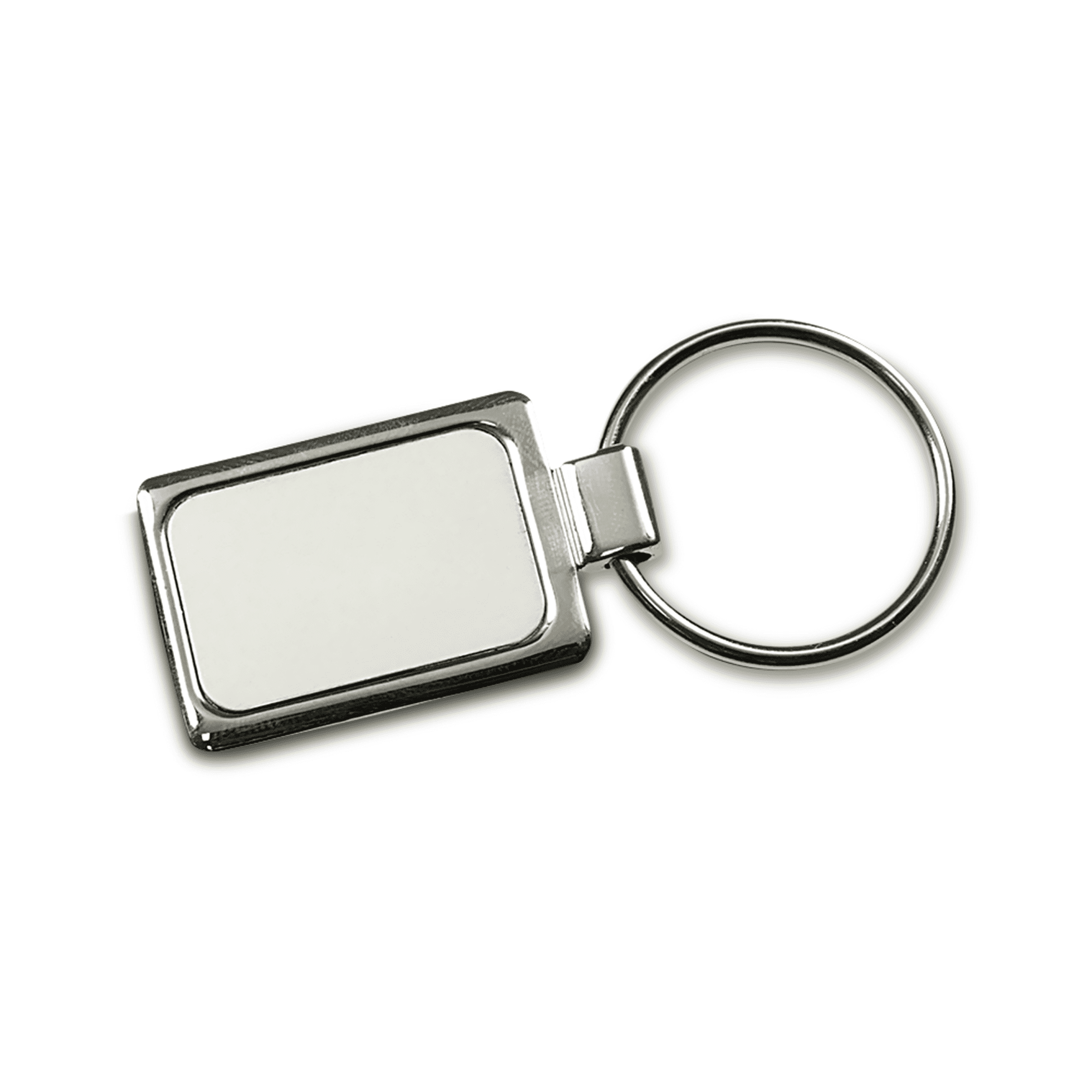 A rectangular metal keychain with a shiny silver finish and a blank surface for customisation.