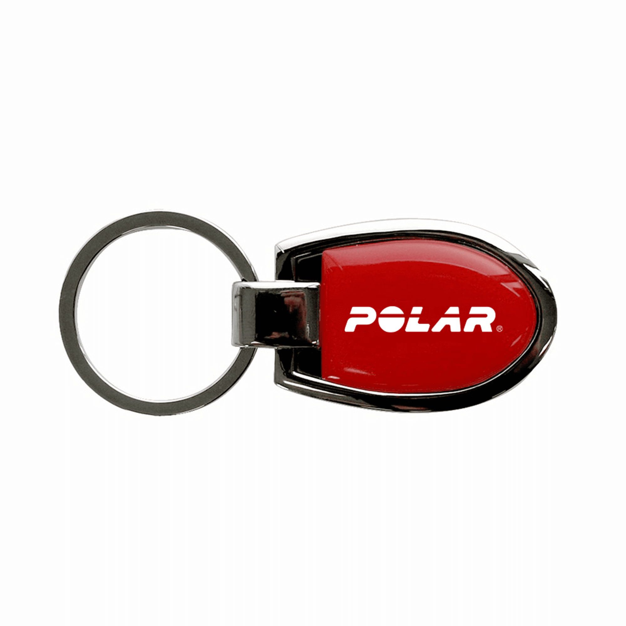 A red keychain with a silver metal keyring and a logo. The design is sleek and compact.