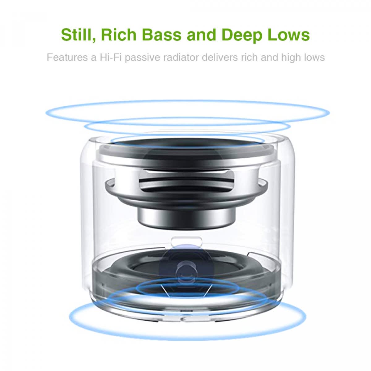 A clear Bluetooth speaker with a transparent casing, showcasing a Hi-Fi passive radiator for deep bass and rich sound.