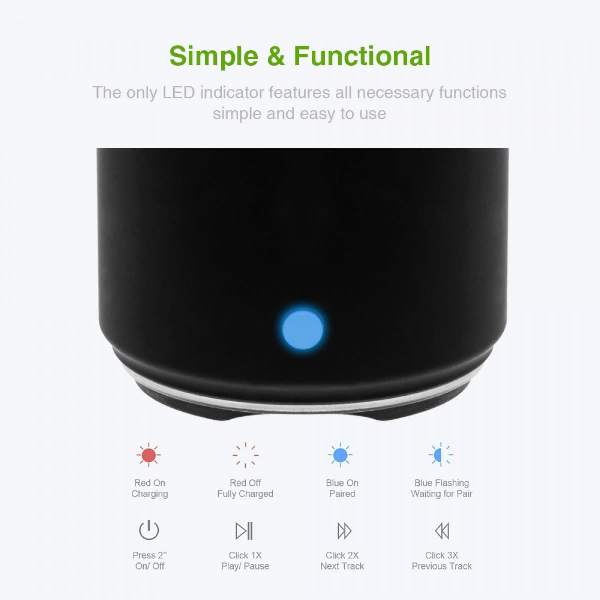 A black Bluetooth speaker with a blue LED indicator and a logo, featuring control functions below.