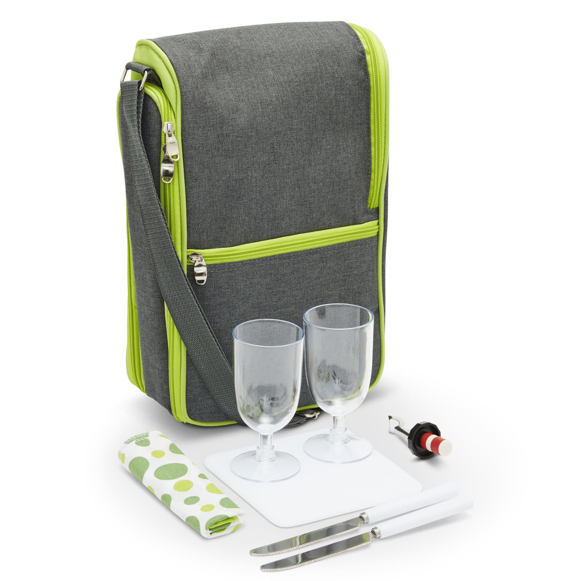 A drink bottle bag in grey with green accents, containing two glasses, a cutting board, a knife, and a corkscrew.