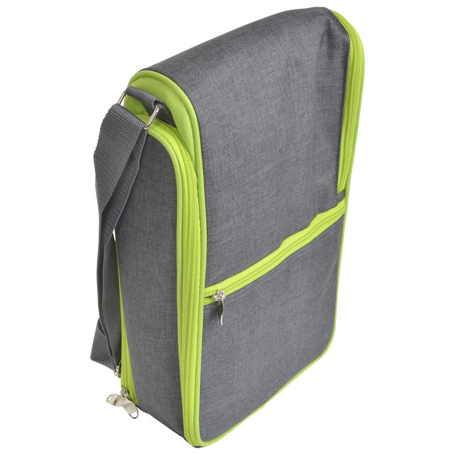 A drink bottle carrier in grey with bright green accents, featuring a zippered front pocket and an adjustable strap.