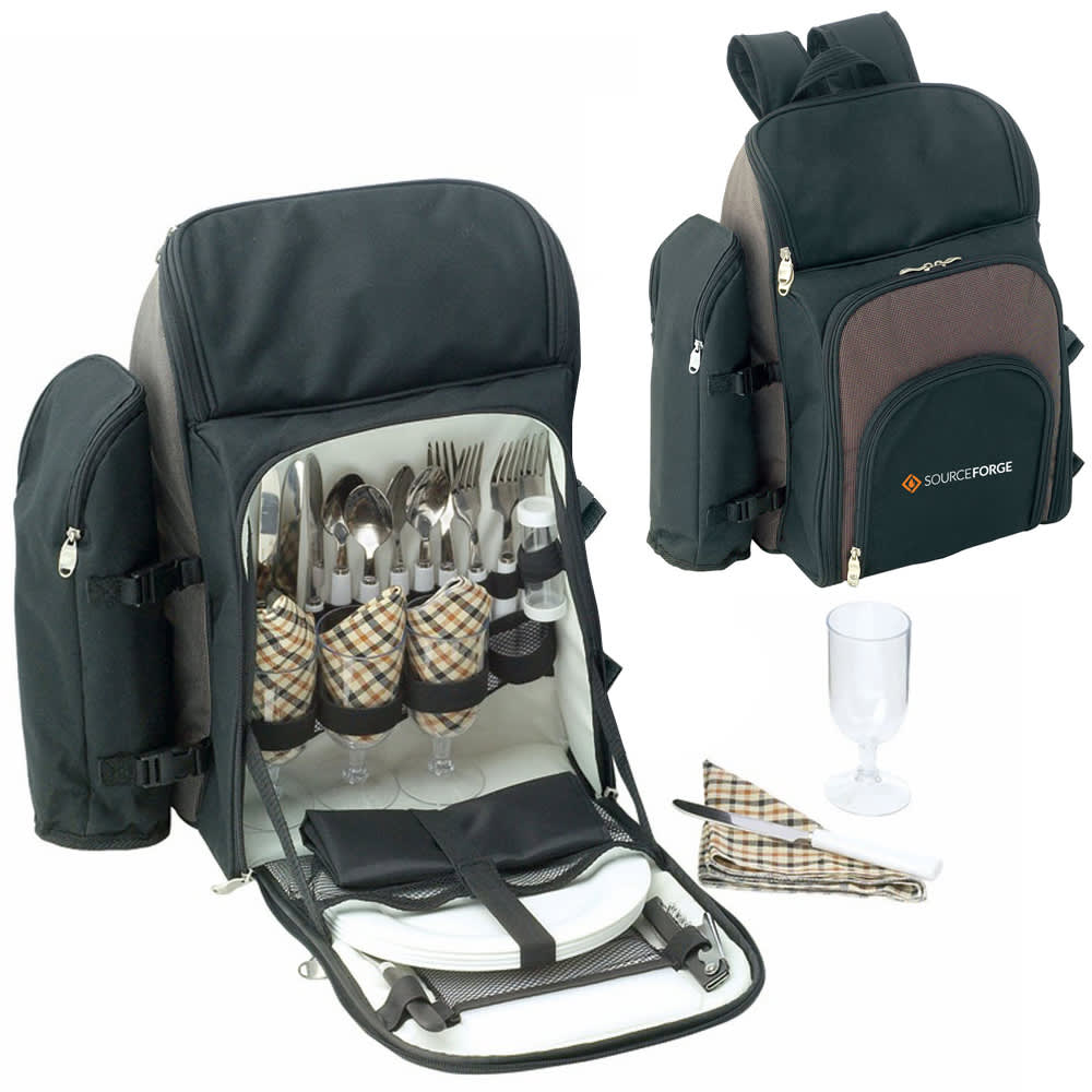 A black and grey picnic backpack with cutlery, plates, glasses, and napkins neatly arranged inside. It features a logo.