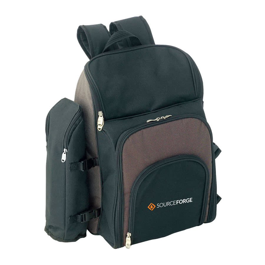 A black and brown picnic backpack with multiple compartments and a side pocket for a drink bottle. It features a logo.