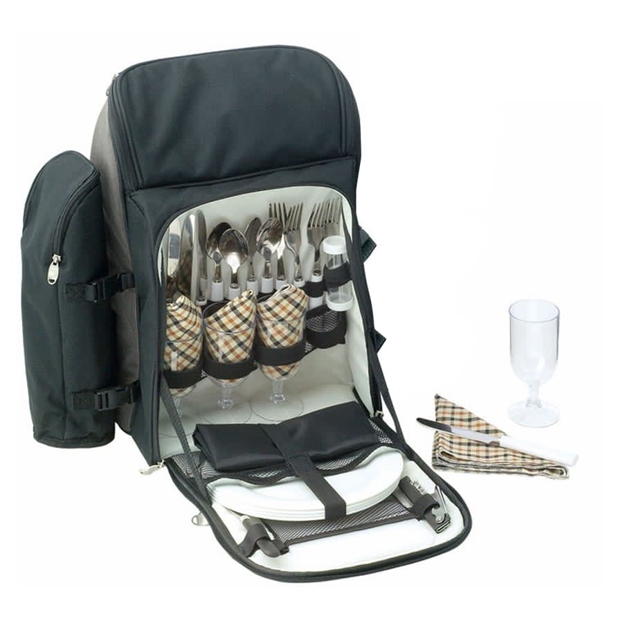 A black picnic backpack with cutlery, plates, glasses, and napkins neatly organised inside.