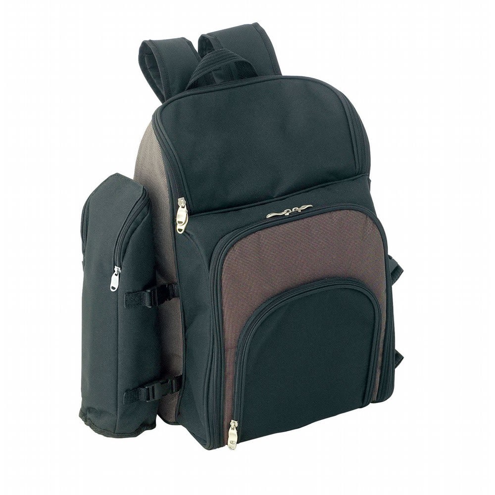 A black and brown picnic backpack with multiple compartments and a side pocket. It features a logo on the front.