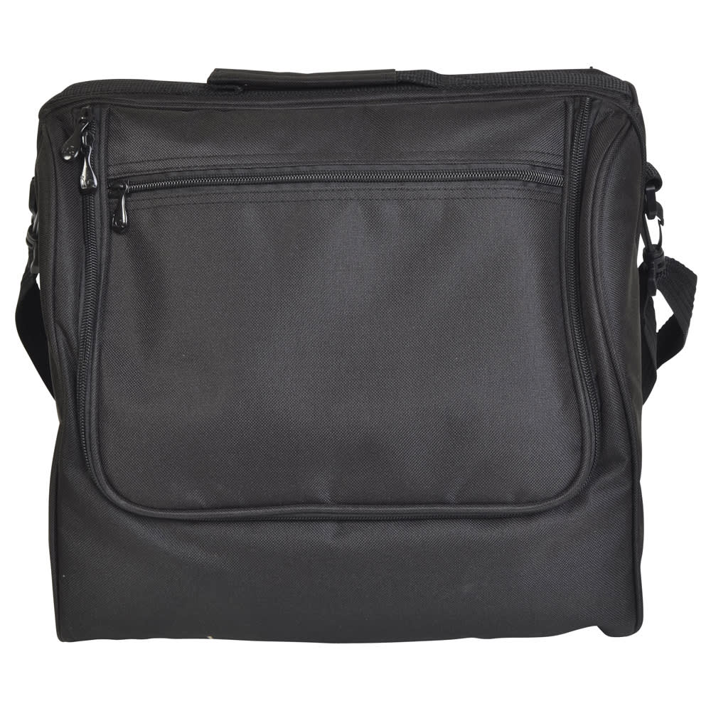 A black picnic basket with a zipped front pocket and an adjustable strap. It features a compact and sturdy design.