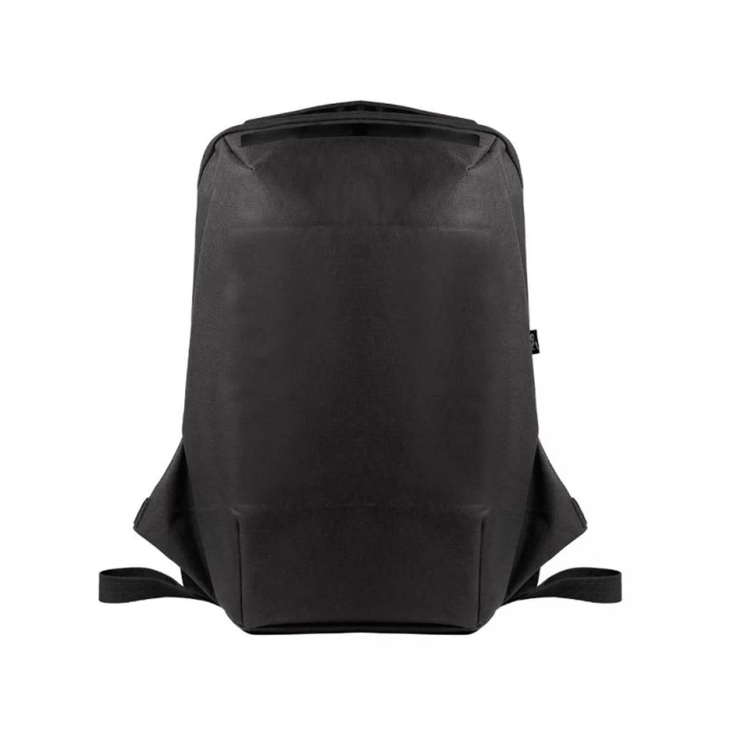 A black ECO NOVA computer backpack featuring a sleek design and adjustable straps. It has a branding logo.