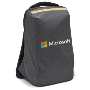 A grey computer backpack with a sleek design and a logo on the front.
