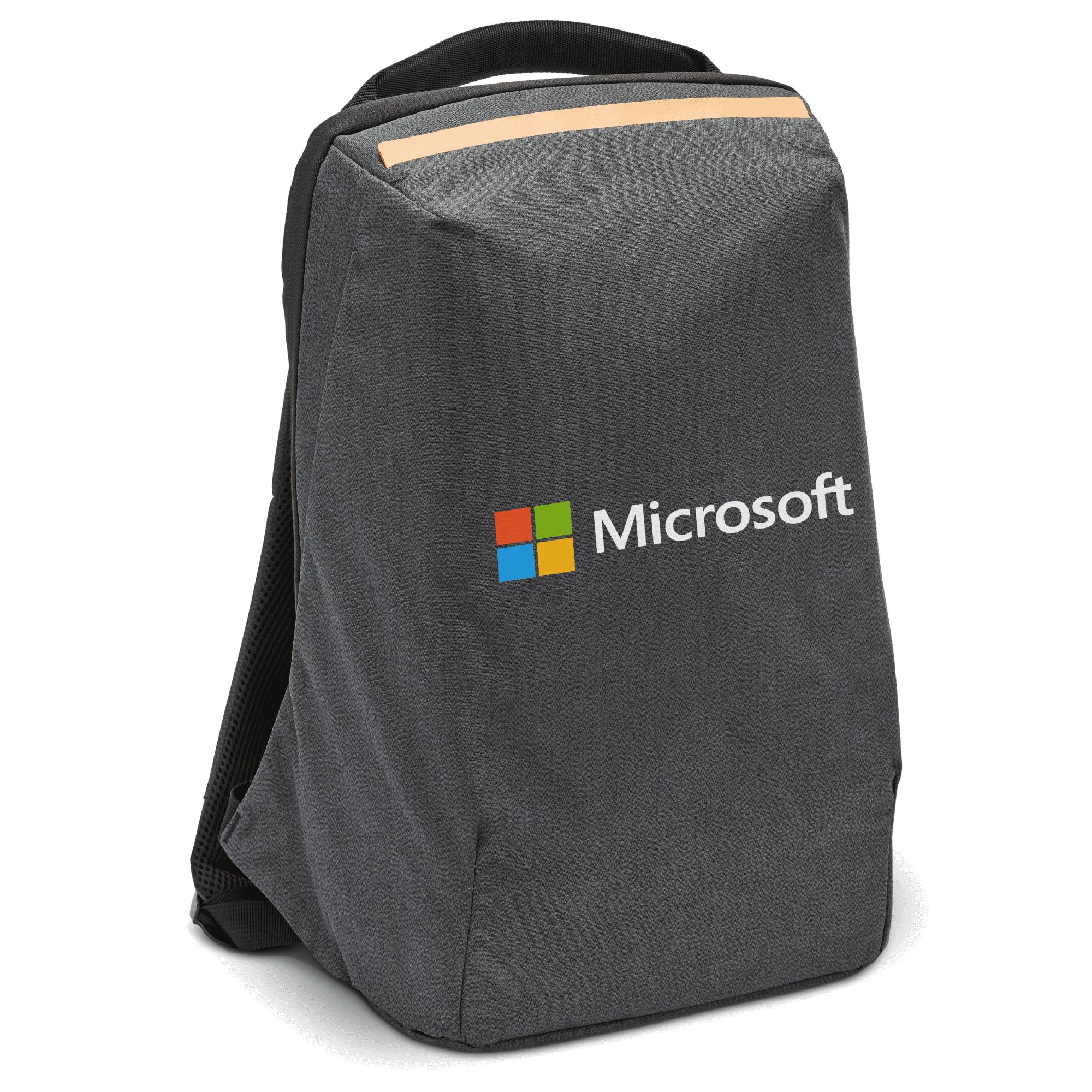 A grey computer backpack with a sleek design and a logo on the front.