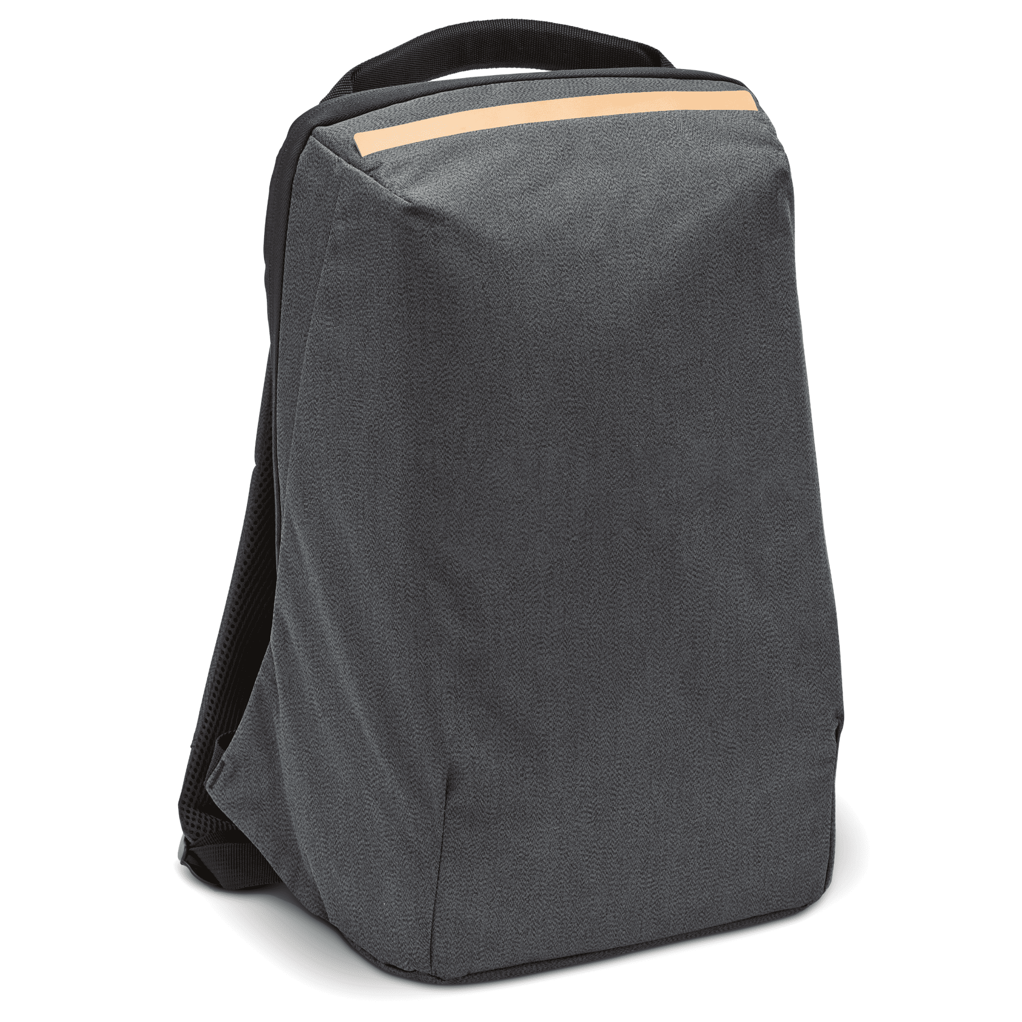 A grey computer backpack with a sleek design and a subtle logo on the front.