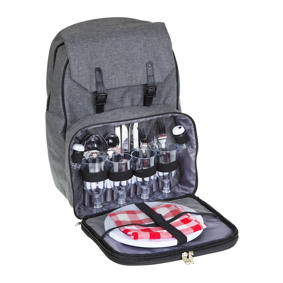 A grey picnic backpack with utensils, glasses, and plates neatly organised inside.