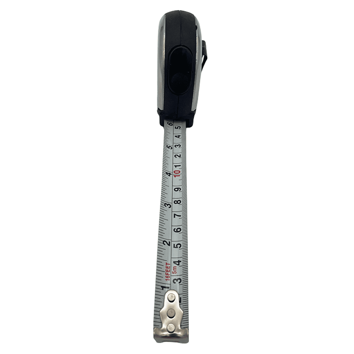 A professional 5 metre tape measure in black and silver, featuring a push-button lock mechanism.