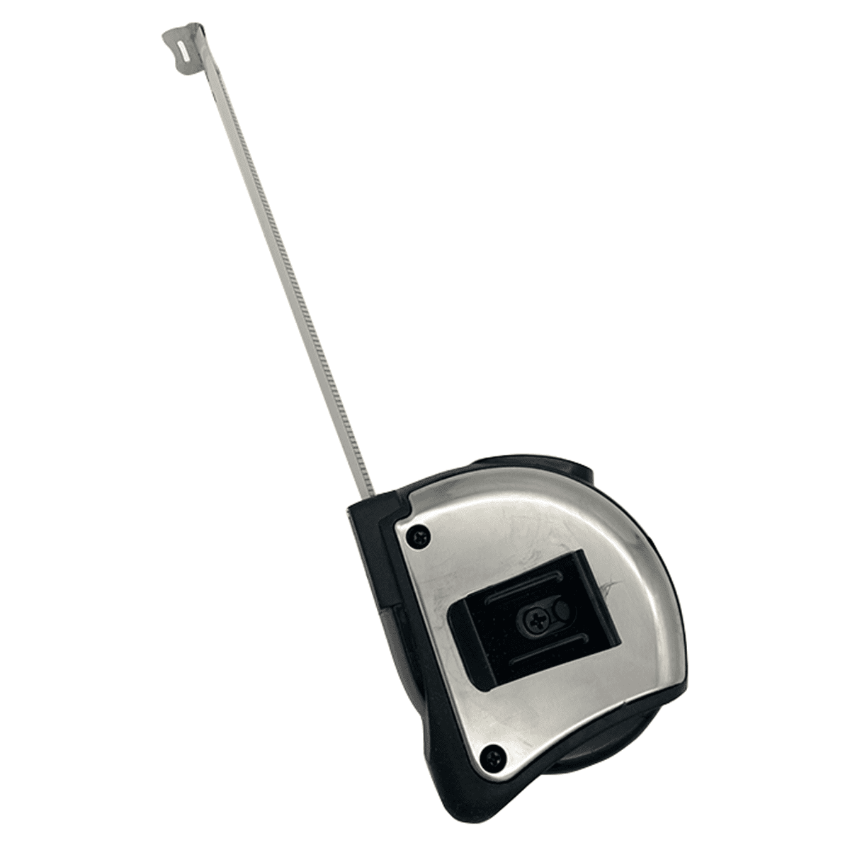 A professional 5 metre tape measure with a silver and black casing, featuring a measurement tape extending from the casing.
