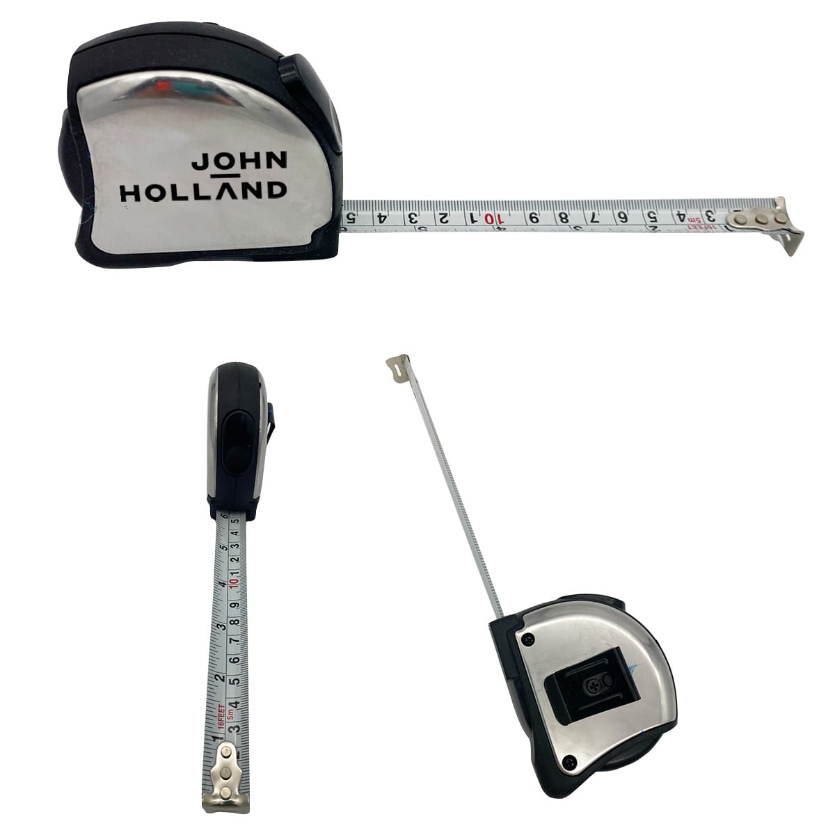 A professional 5 metre tape measure with a black and silver casing, featuring a branding logo.