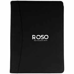 A black portfolio with a sleek design and a logo prominently displayed on the front.