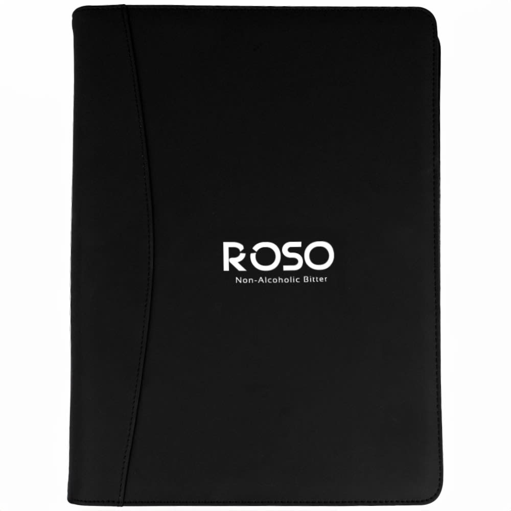 A black portfolio with a sleek design and a logo prominently displayed on the front.