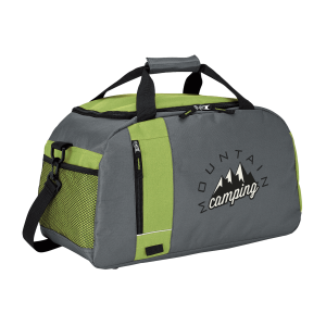 A grey and lime green duffle bag with a logo, featuring a zippered pocket and a mesh side pocket.