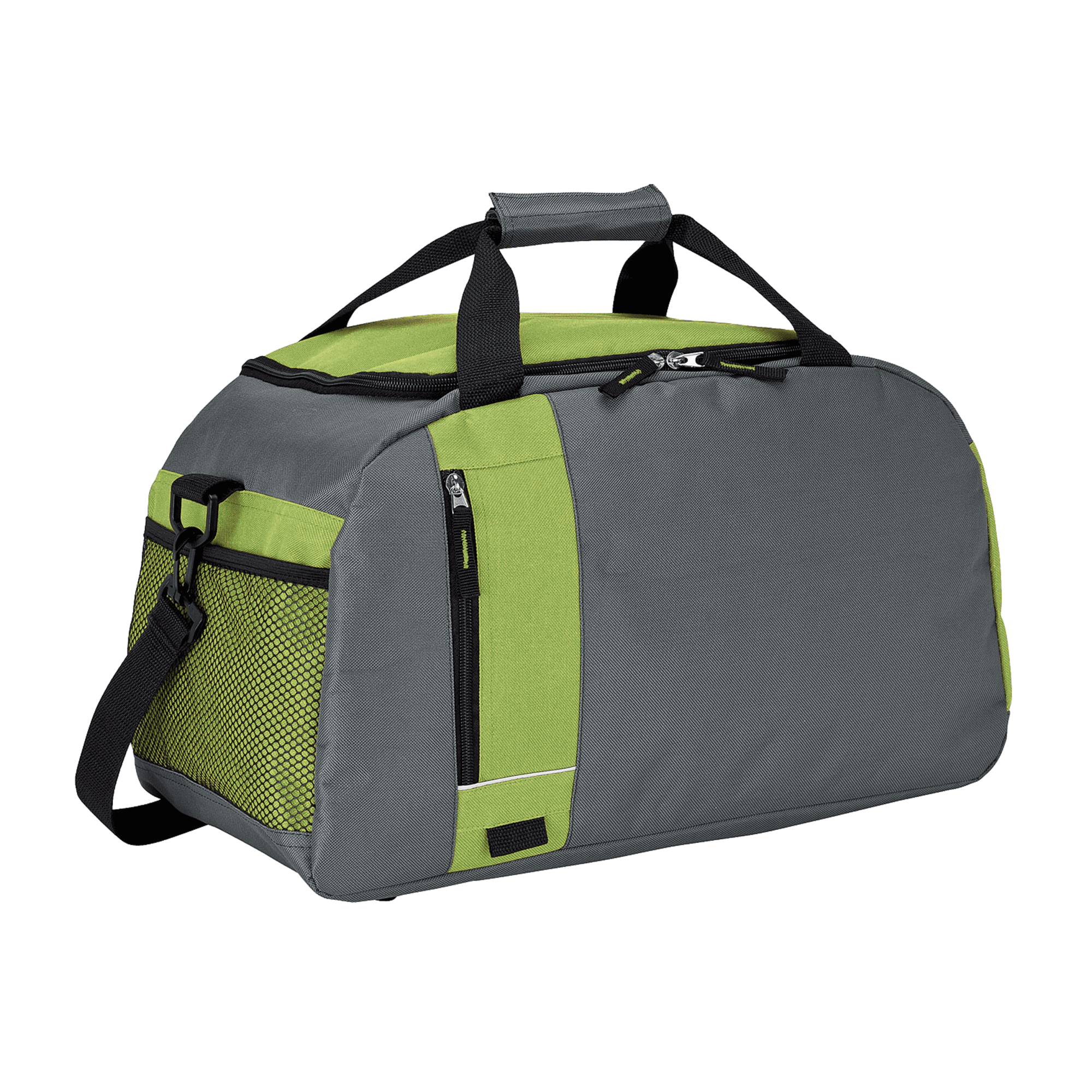 A grey duffle bag with lime green accents, featuring a side mesh pocket and a shoulder strap.