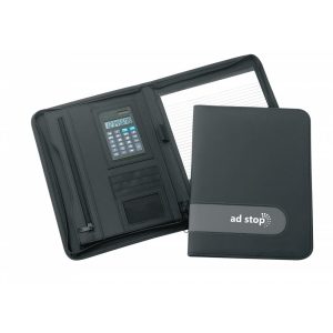 A black zippered A4 compendium featuring a calculator, notepad, and pockets for documents. It includes a logo.