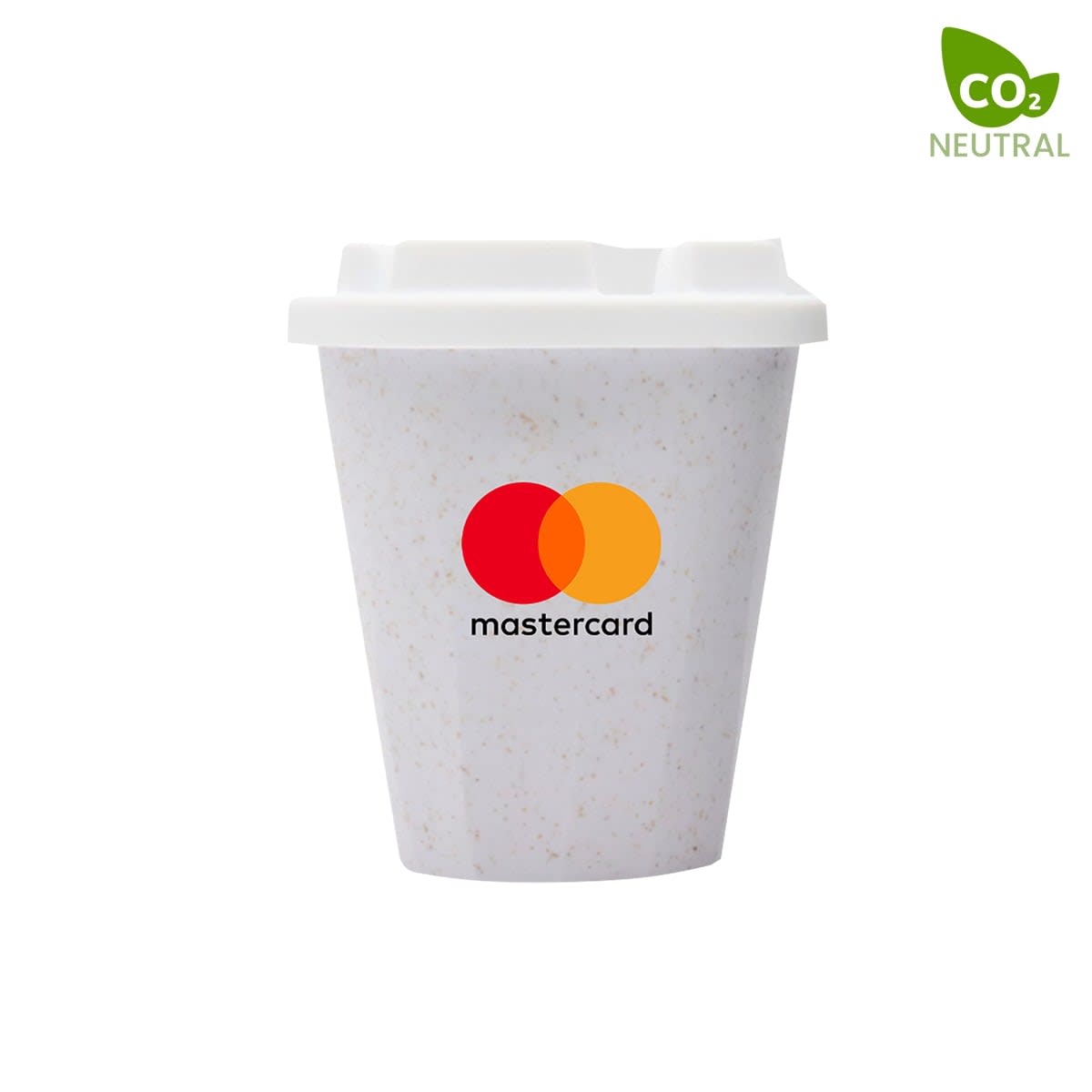 A drink cup in white with a speckled design, featuring a logo, and a lid. Capacity is 350mL.