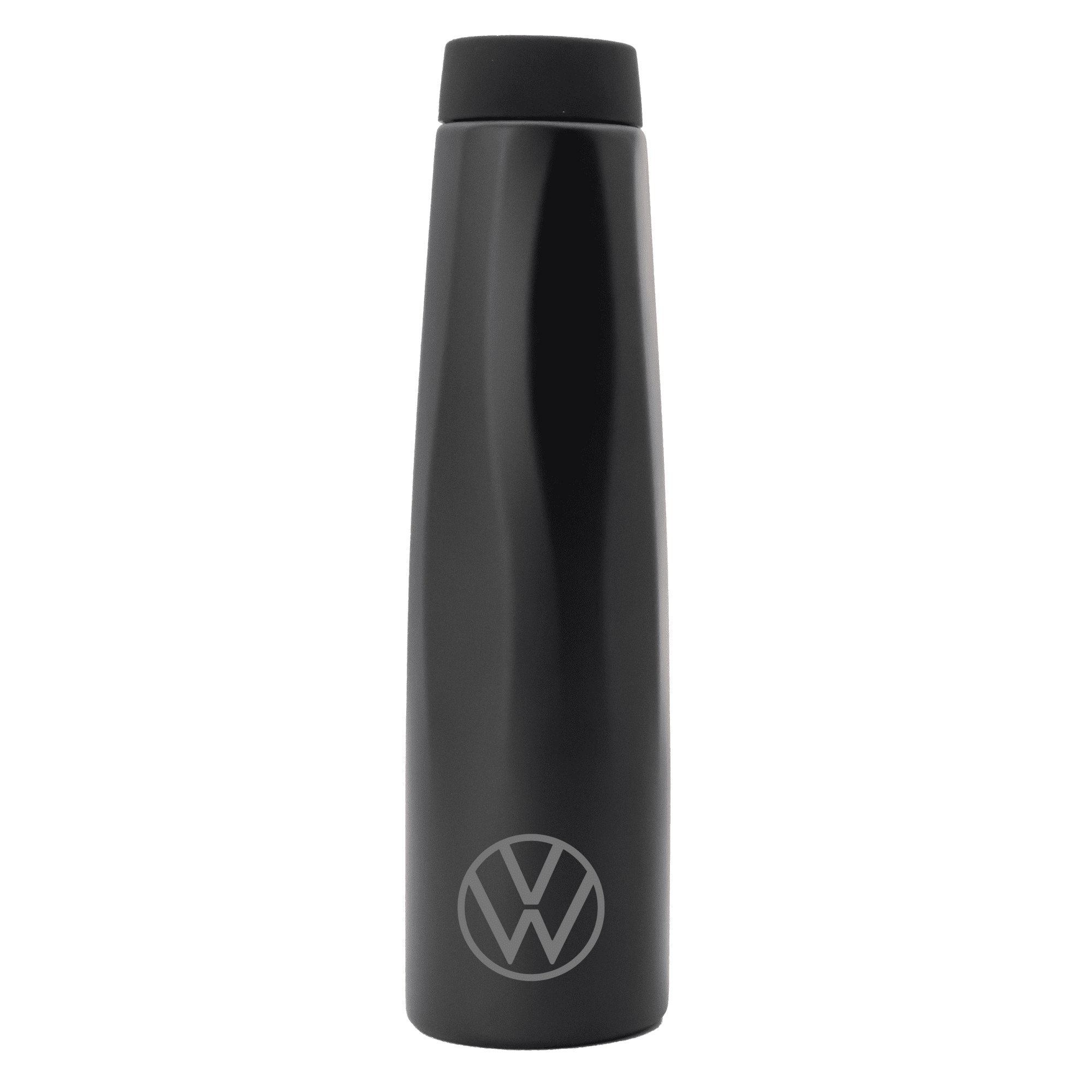 A drink bottle in sleek black, featuring a round logo at the base and a secure screw top lid.