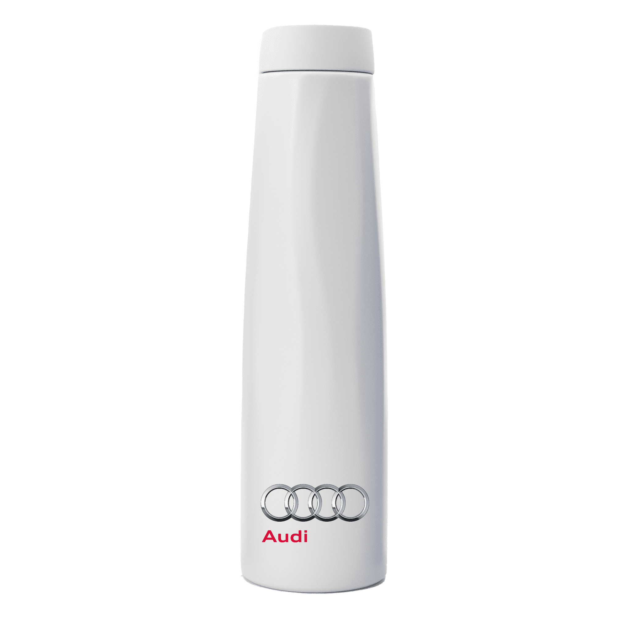 A drink bottle in a sleek white design, featuring a logo at the base and a narrow neck.