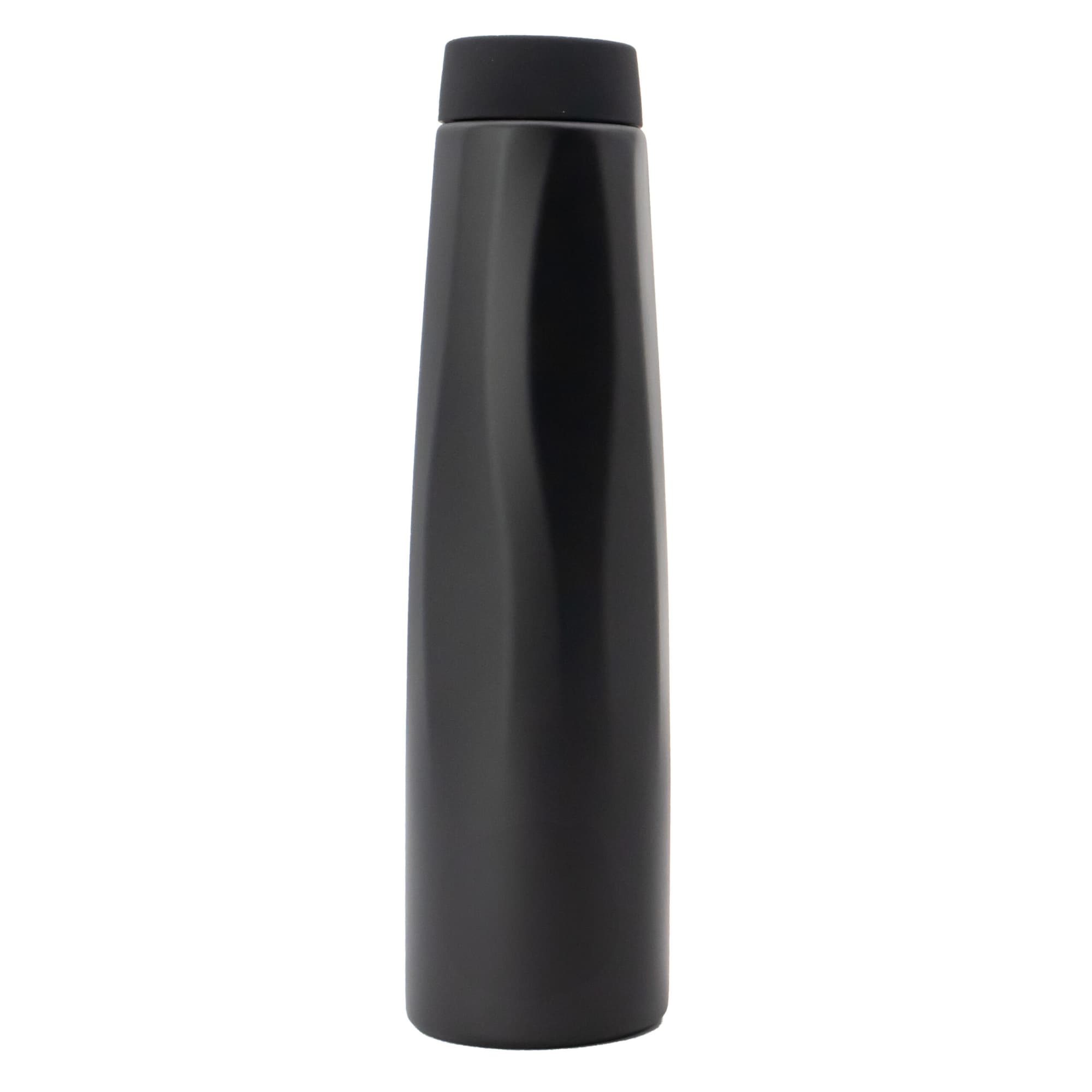 A drink bottle with a sleek, black design, featuring a tapered shape and a lid. It has a logo on the side.
