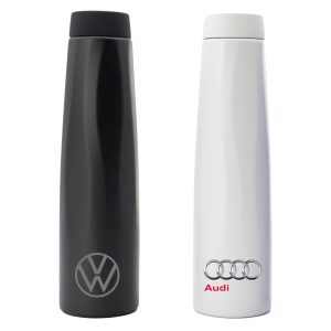 A drink bottle set featuring a black and a white bottle, each with a logo on the front.