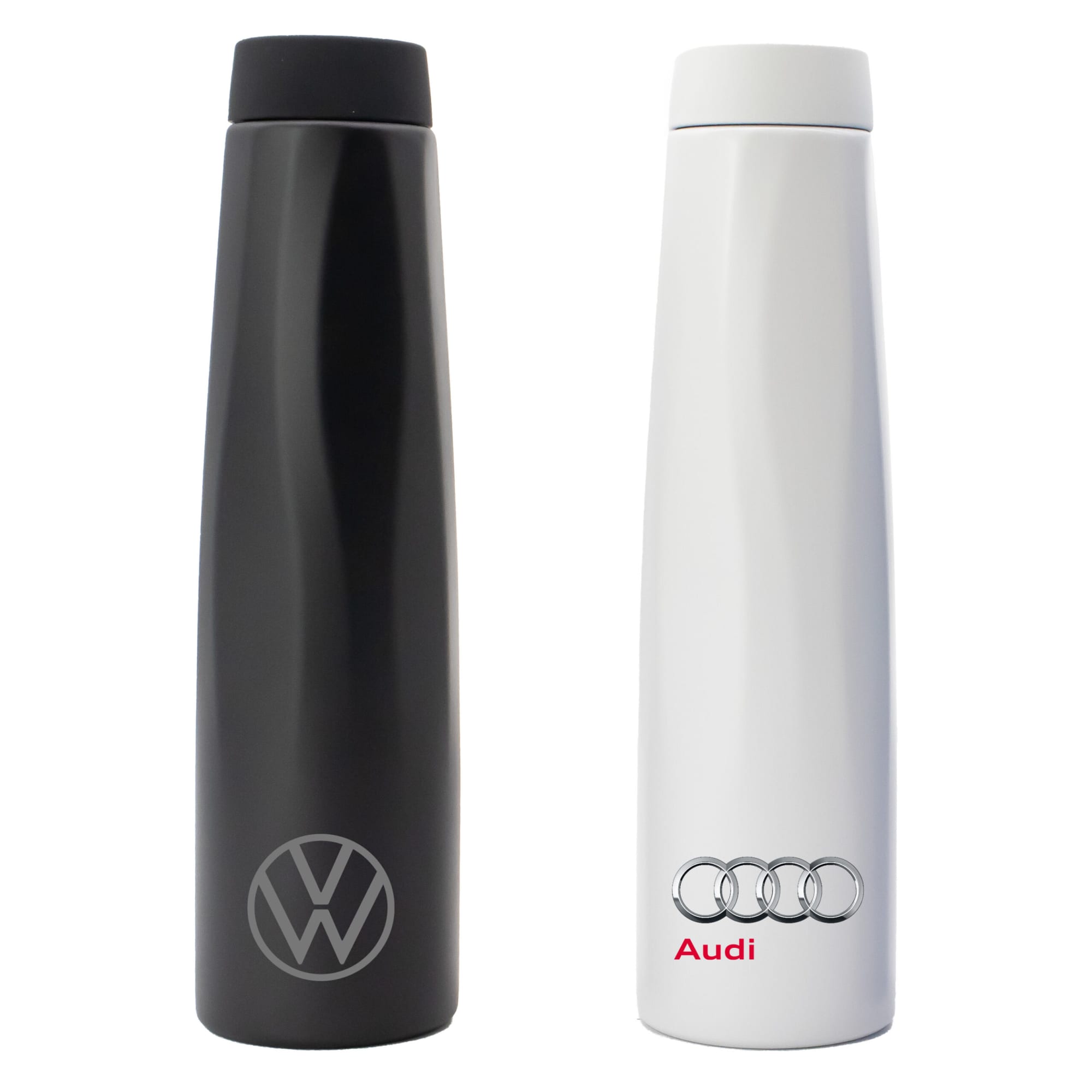 A drink bottle set featuring a black and a white bottle, each with a logo on the front.