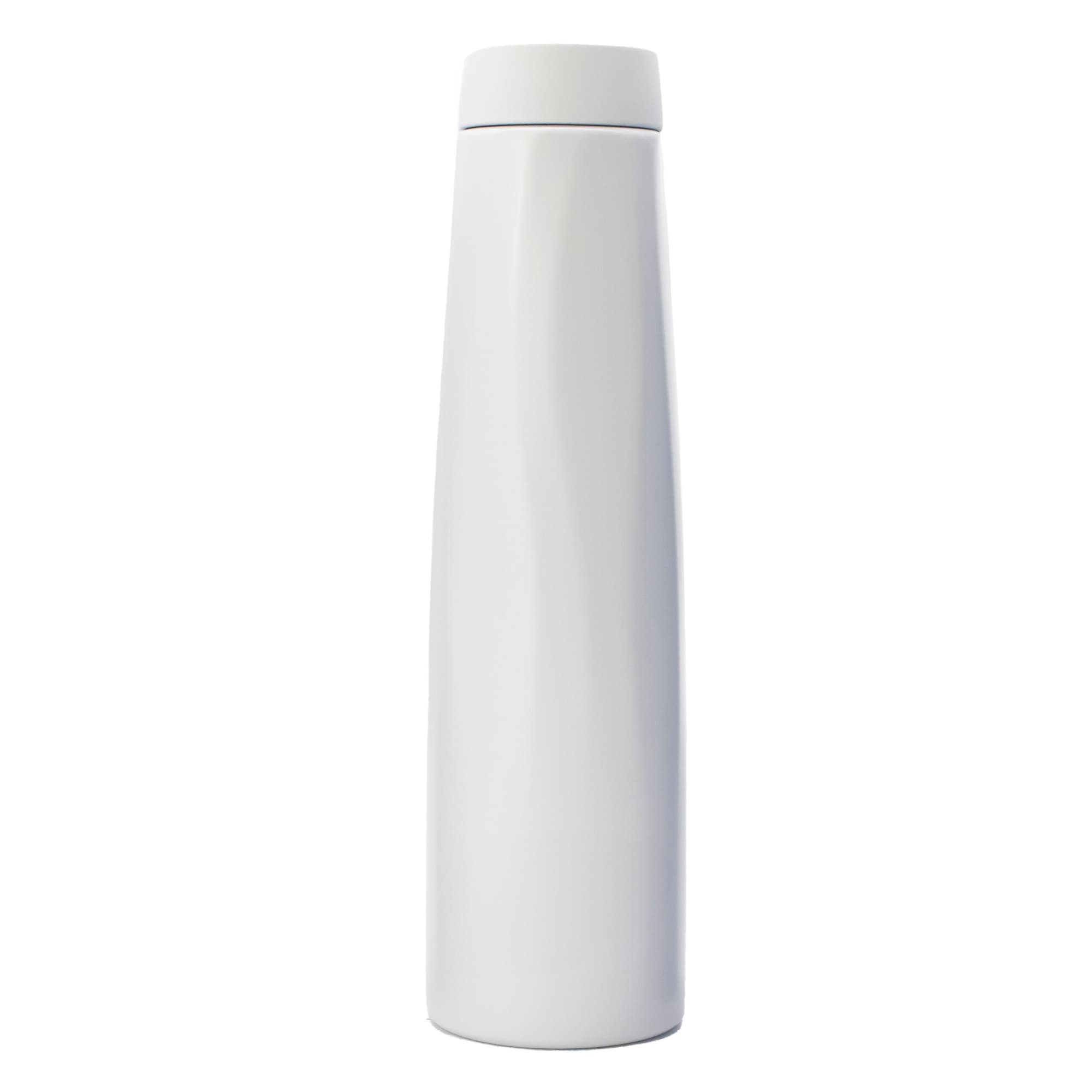 A drink bottle in a sleek, white design with a smooth finish and a tapered shape. It features a logo.